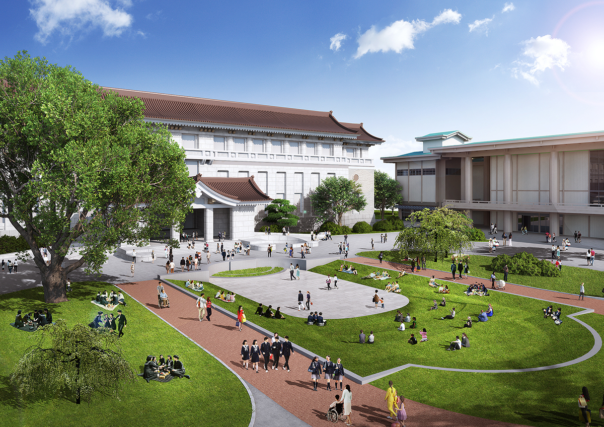 本館前庭リニューアルのイメージ図 ①開館中の様子（2027 年 3 月完成予定）